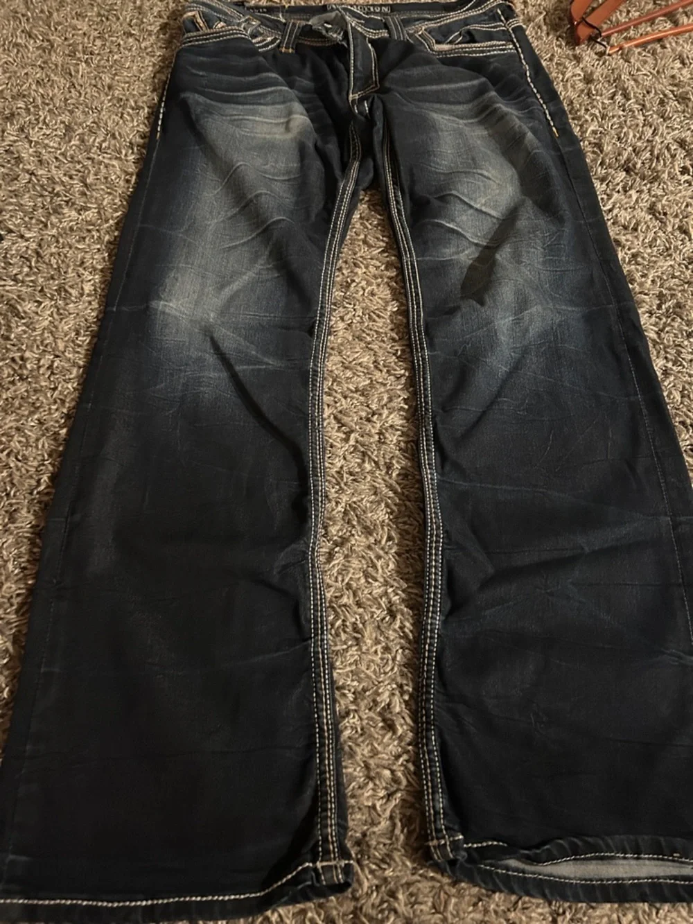 Affliction Men’s Dark Blue Bootcut Jeans with White Contrast Stitching - Picture 3 of 5